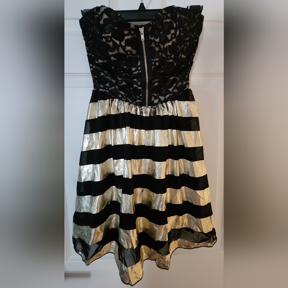 Trac Black Gold Foil Stripe Lace Sweetheart Sleeveless Dress Size Small